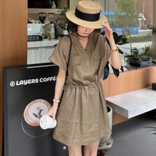 抽绳收腰连衣裙女夏季新款宽松休闲显瘦气质减龄短袖胖中长裙子