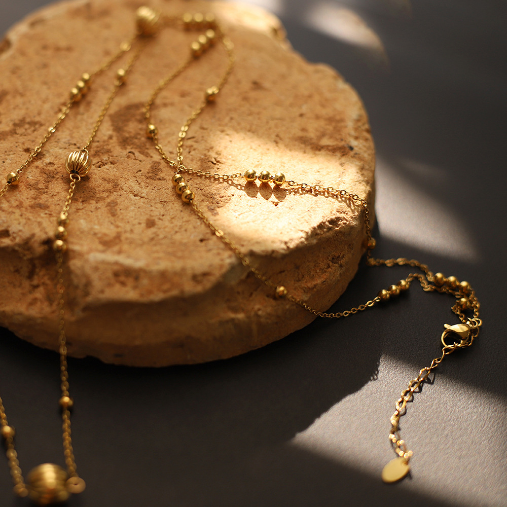 Gold Color Lantern Ball Beaded Stainless Steel Necklace