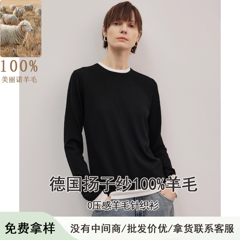 Long Eyes-in Series Yangtze Yarn Crewneck Contrast Long-sleeved Sweater T-shirt Women's Loose Fake Two-piece Top Base Shirt