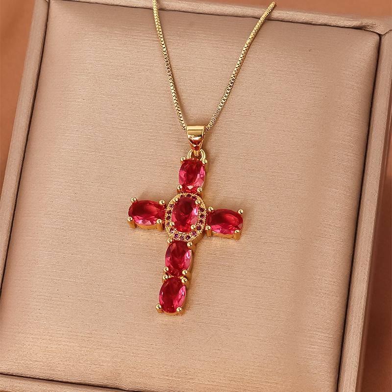 Casual Streetwear Cross Copper Inlay Zircon Pendant Necklace display picture 4