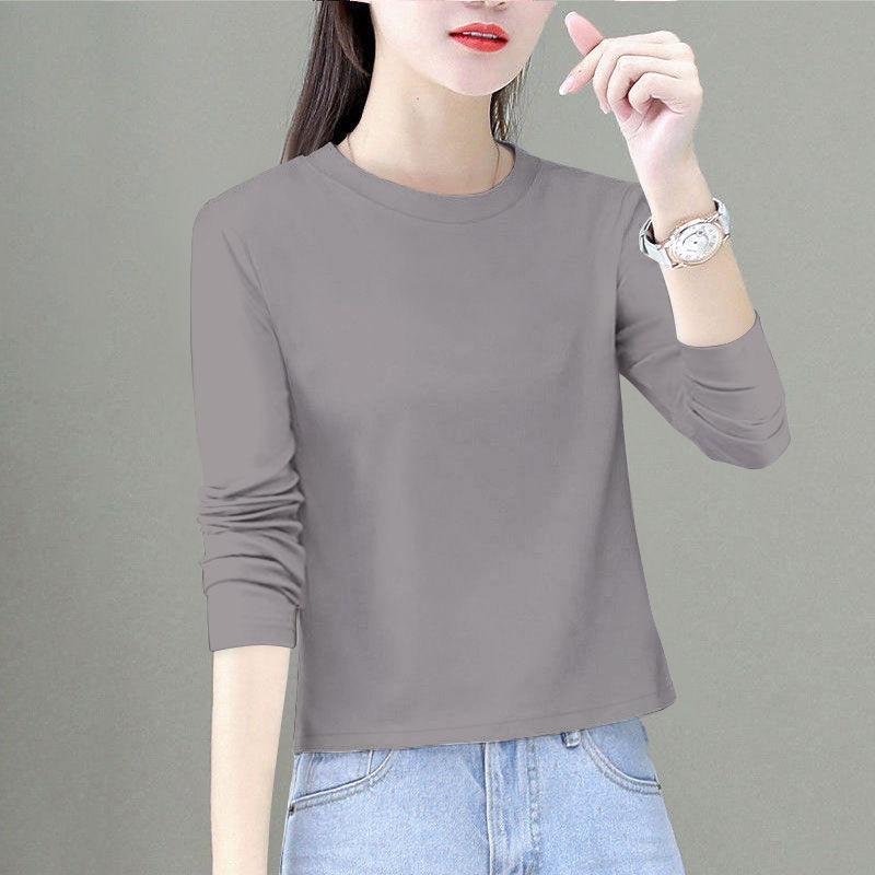 100 cotton long-sleeved T-shirt women's spring and autumn small wear western style loose short top high waist slimming bottoming shirt