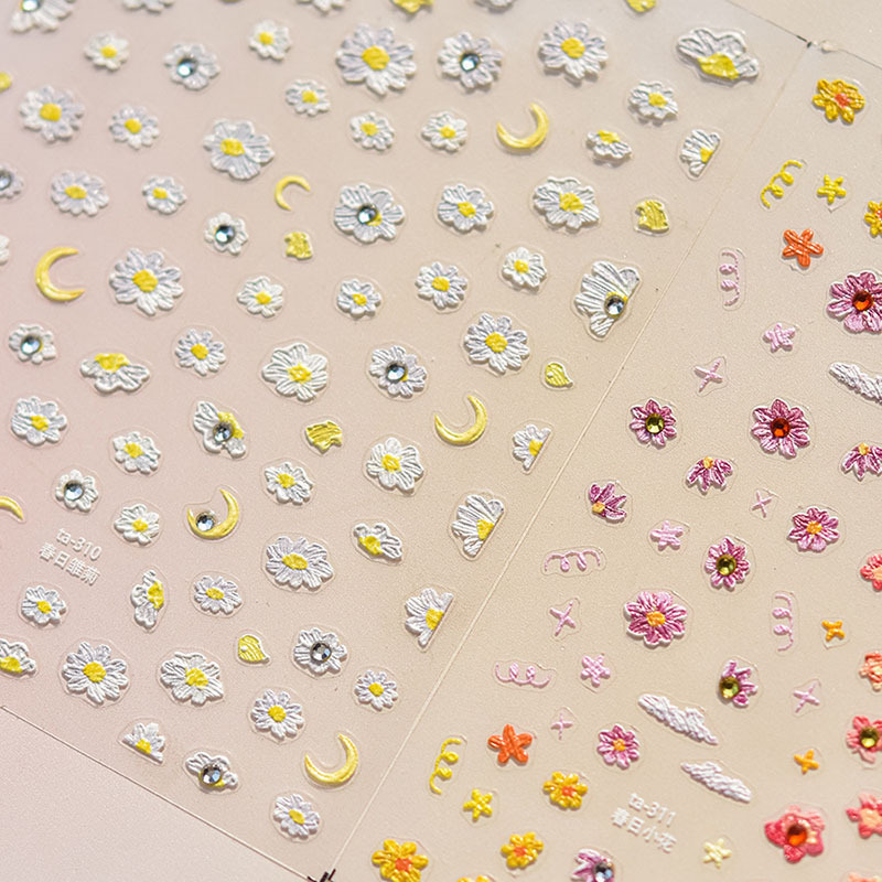 Crystal Diamond Spring Daisy Flower Nail Art Sticker Tomoni Embossed Adhesive Japanese Style 5D Nail Sticker Decoration