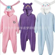 秋冬季2025新款混批法兰绒动物卡通连体睡衣紫猫保暖成人家居服