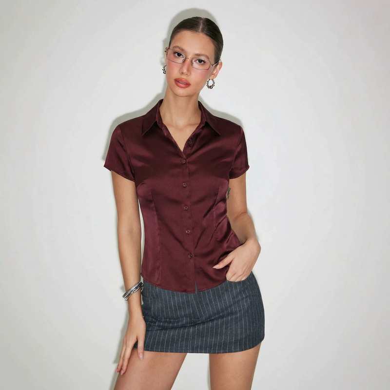 French-Style Satin High-End Slim-Fit Short-Sleeve Shirt for Women, Waist-Cinching, Slimming, Turn-Down Collar, Suitable for Work and Business, Trendy Style Top