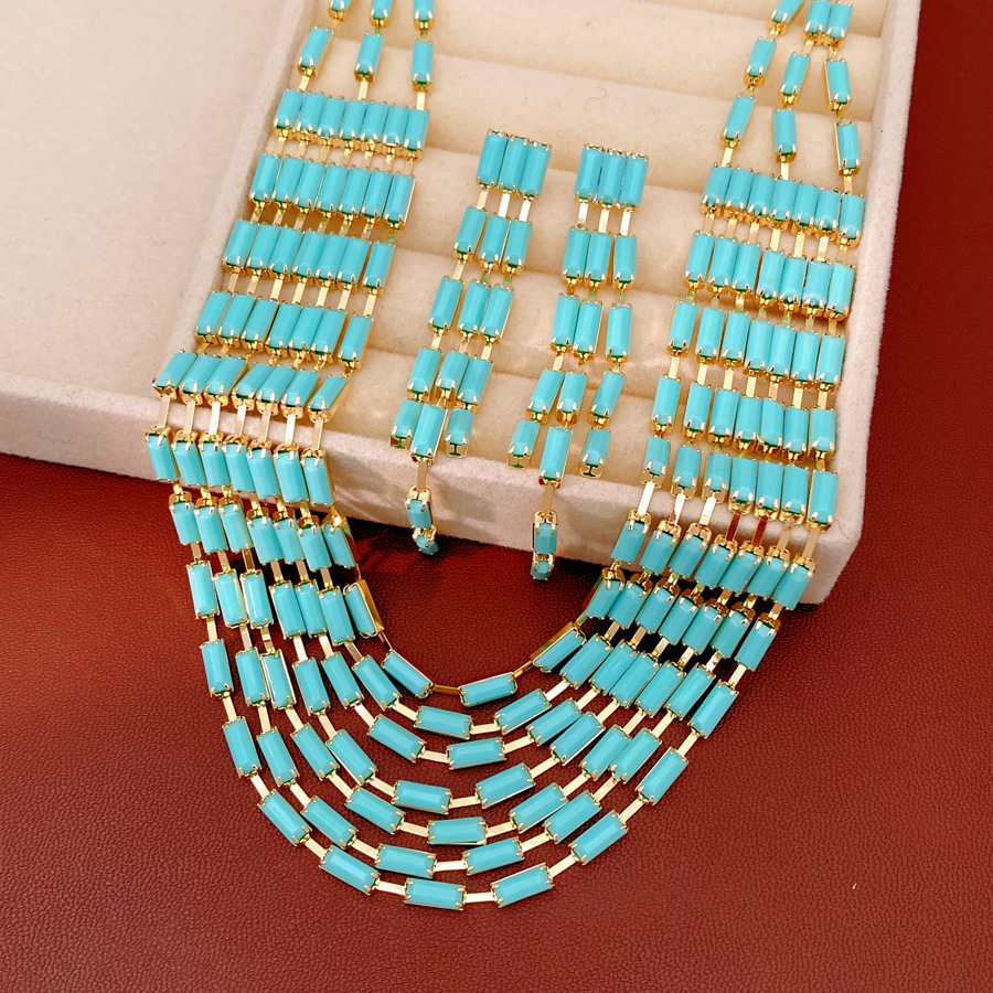 Resina rectangular de estilo europeo y americano empalmado collar de pendientes multicapa cadena de clavícula de moda lujo ligero conjunto de joyas de alta calidad
