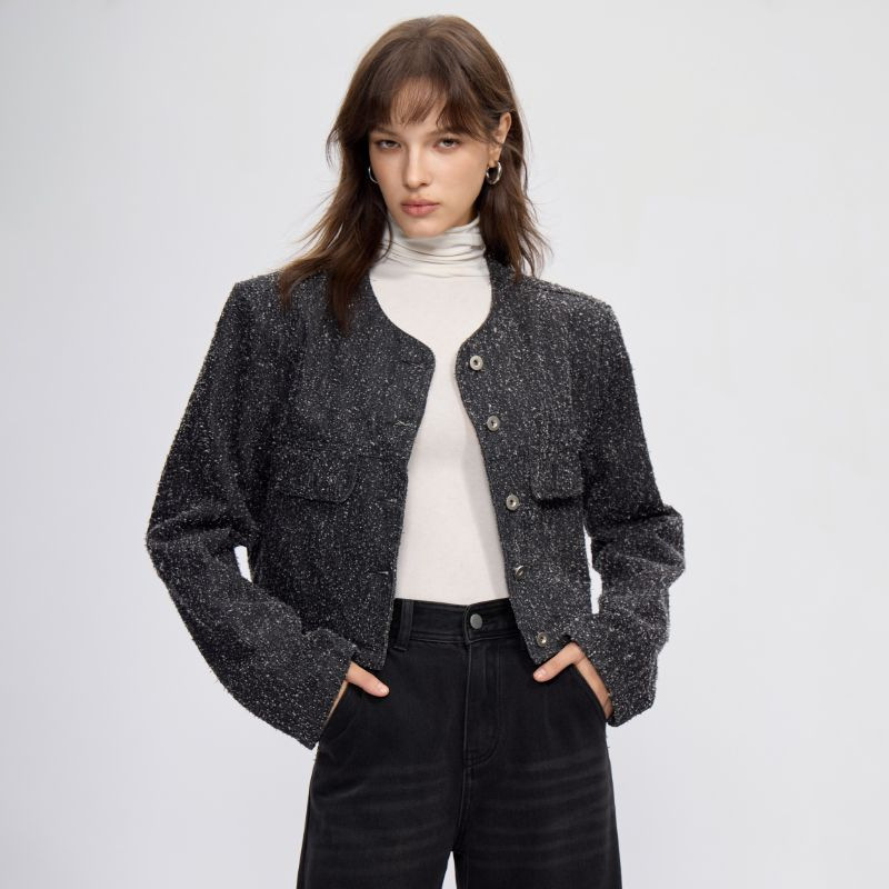 2025 Autumn New Tweed Chanel Style Fashionable Short Jacket for Women Black Round Neck Slimming Top Fashion