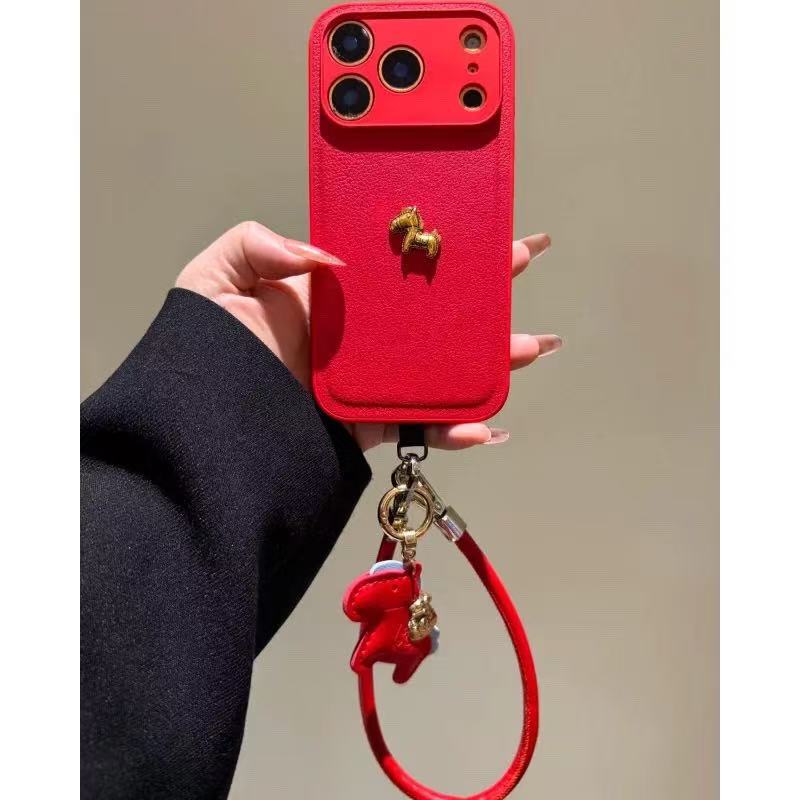 New Year Red Little Golden Horse iPhone 17 Pro Max Case Apple 16/15 Pro Lychee Pattern 14 Lanyard
