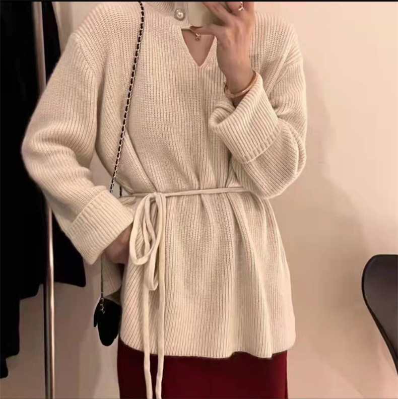 Sexy und sorgfältig maschinell ausgehöhlter Pullover für Damen, neues Temperament im koreanischen Stil, High-End-Gefühl, Schnürung in der Taille_voghion.com
