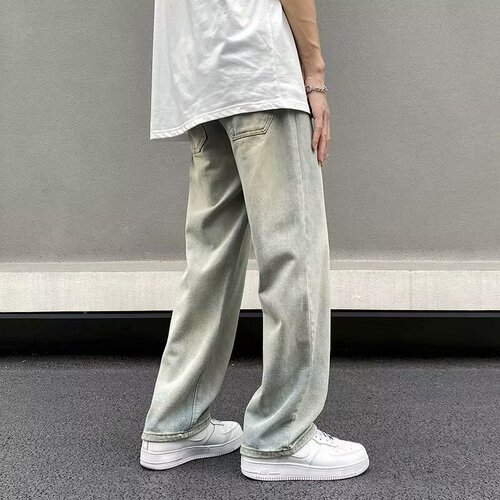 American street style yellow mud dye retro men's summer loose straight leg wide leg pants Instagram trendy brand long pants