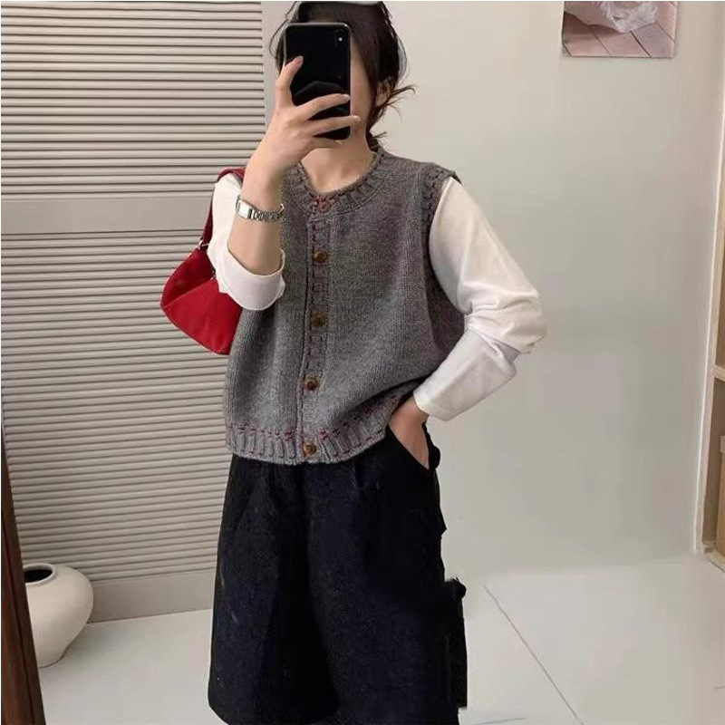 Korean Style Women's Retro Literary Button Knitted Vest New Japanese Style Sleeveless Sweater Jacket Vest Cardigan Layered