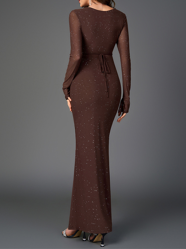 Mesh Square Silver Strip Dress Sexy V neck Hip Long Sleeve Tied Maxi Dress