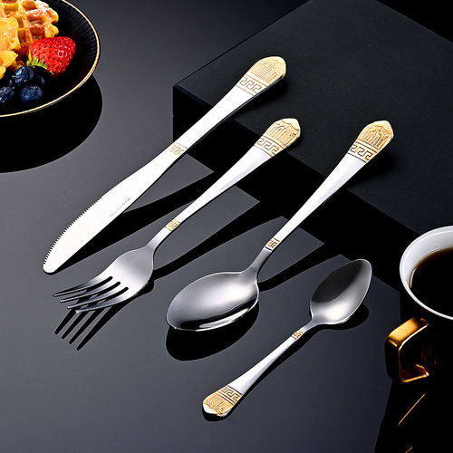 Cross-border stainless steel tableware spoons and forks, antique gold-plated Western-style knife and fork set, hotel steak knife and fork set, wholesale