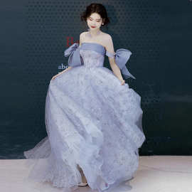 法式抹胸晚礼服仙气蓝色订婚成人礼生日宴会时尚主持走秀宴会礼服