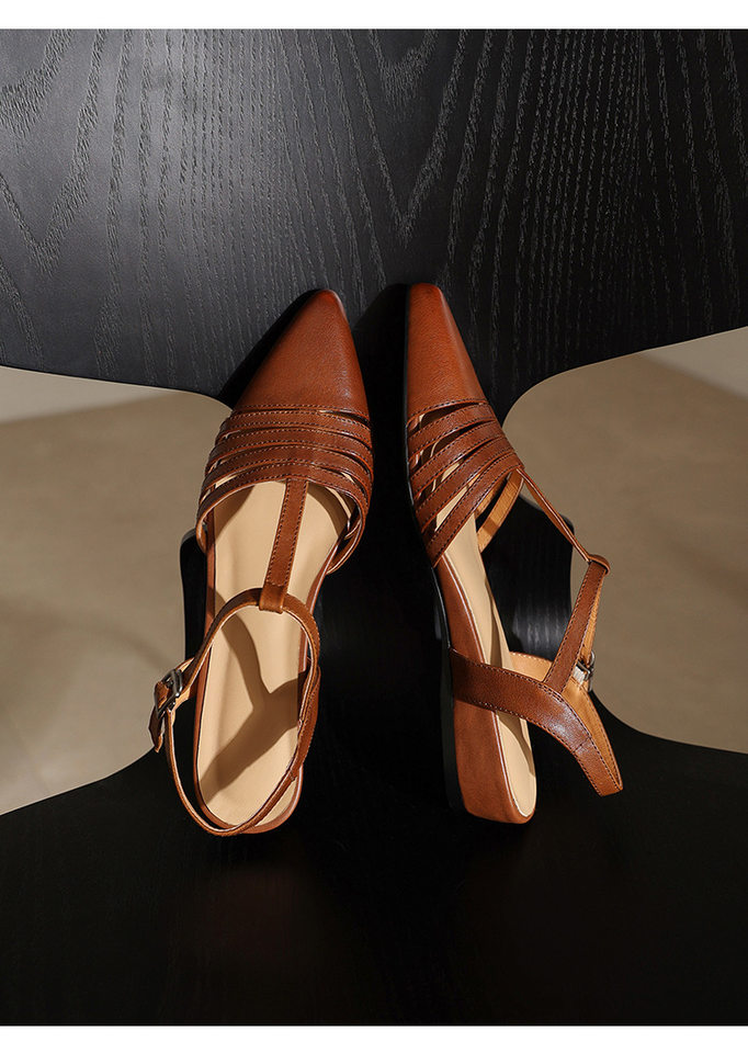 Sandal nữ hở mũi gót thấp 3 cm, quai dệt đinh tạo kiểu cổ điển — Sữa hạnh nhân chi tiết 10
