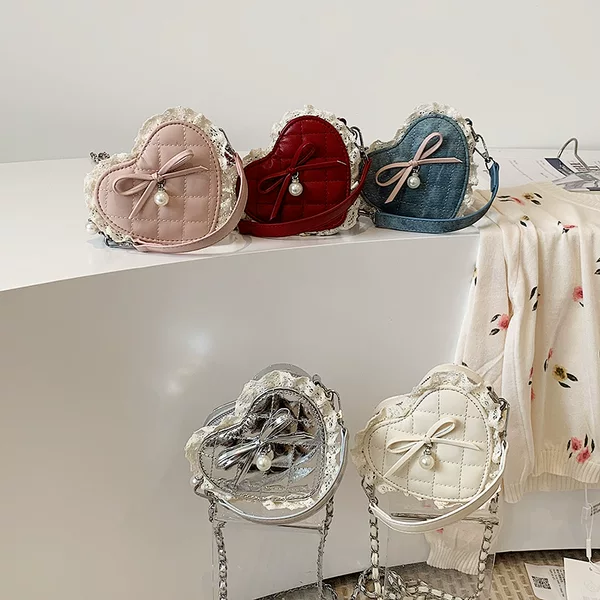 Cross-border foreign trade embroidered lace mini heart-shaped girls' handbag, niche girl's bowknot children's crossbody bag, trendy