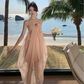 超仙绝美小众粉色露背吊带网纱连衣裙女新娘晨袍轻纱生日宴会礼服