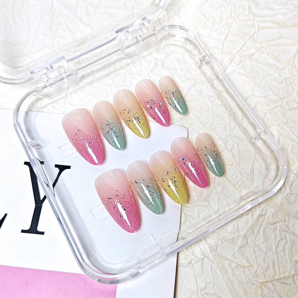 Arco iris lentejuelas almendras uñas vestidas a mano atmósferas coloridas uñas 10 piezas parche de uñas ojo de gato