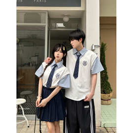 实拍情侣装学院风夏季假两件短袖套装学生班服 校服