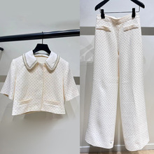 法式小众 2025早春轻奢烫钻珠饰翻领短上衣马甲长裤三件套装24967