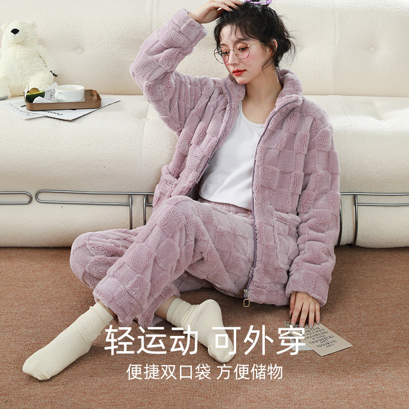 2024 New Couple Home Wear Autumn and Winter Warm and Comfortable Cotton Velvet Long-Sleeved Fleece-Lined Pajamas Set Thickeneded Can Be Approved