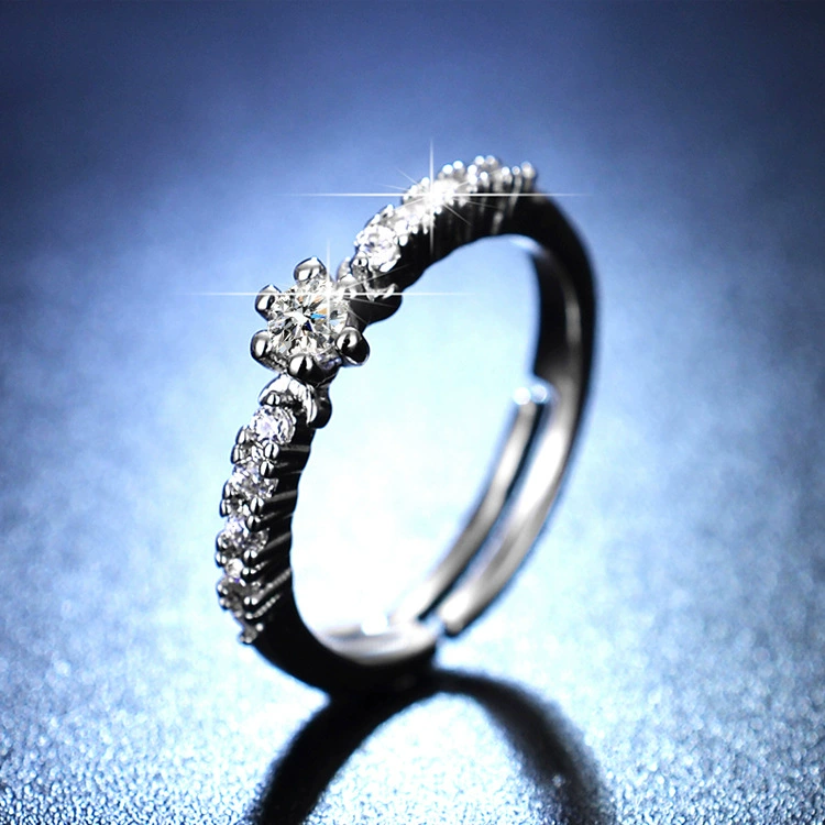 Ring one carat, adjustable open band with AAA zirconia, silver-layer plating
