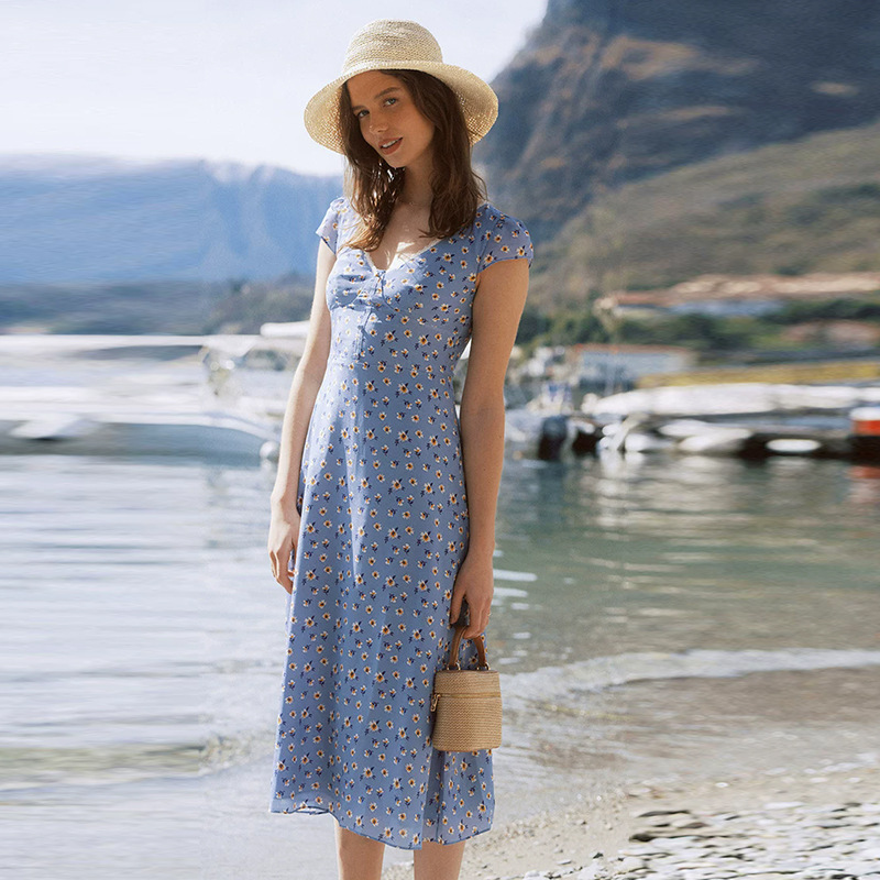 In Stock 1163 Summer New Style 2026 Blue Daisy Silk V-Neck Backless Ruched Waist Midi Dress French Sweet Style