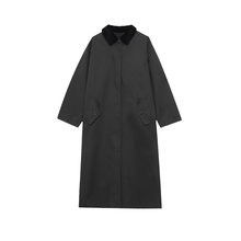 PB&ZA女装2025年秋季新款黑色长款灯芯绒领打蜡皮风衣外套4341708