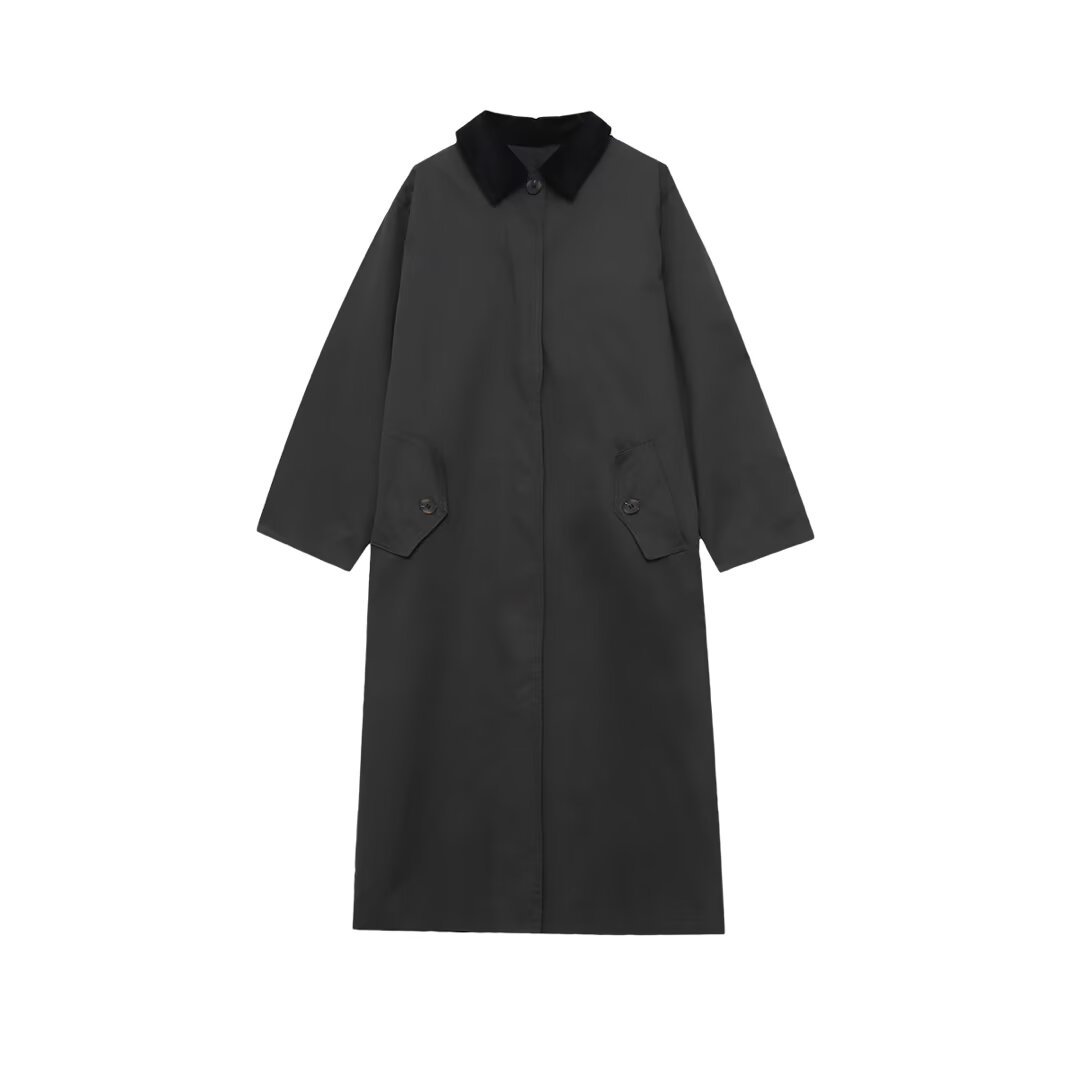 PB&ZA女装2025年秋季新款黑色长款灯芯绒领打蜡皮风衣外套4341708