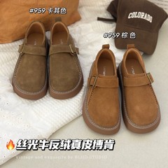 真皮复古勃肯鞋女2025秋季新款丑萌大头厚底一脚蹬软底休闲乐福鞋