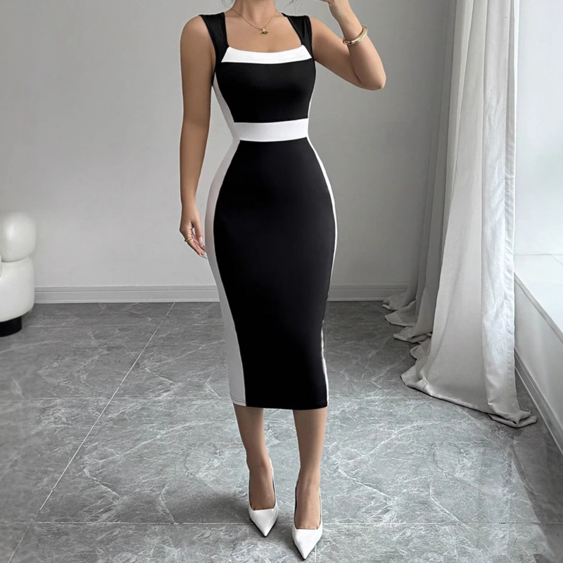 2025 summer new Amazon cross-border women's clothing royal elder sister intellectual style dress square collar suspender contrast color dress