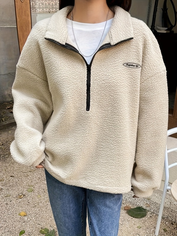Solid Zip Front Plush Pullover Sweatshirt, Casual Long Sleev|undefined