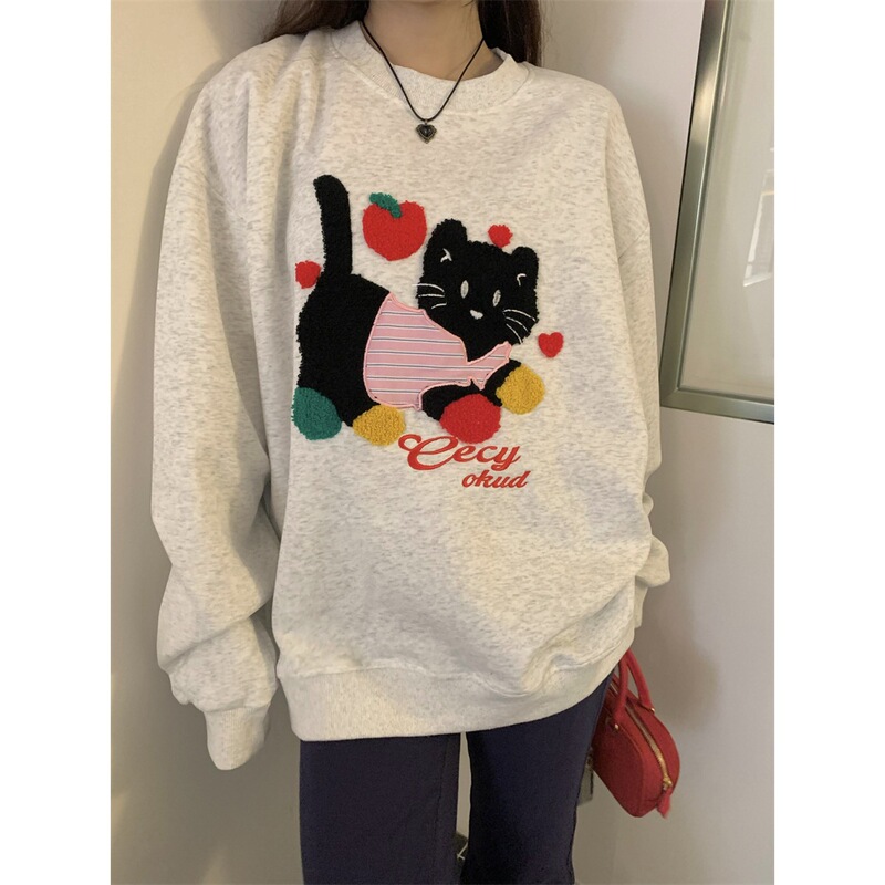 实拍~韩系可爱猫咪毛巾绣宽松休闲卫衣女秋季圆领套头外套潮89520|undefined