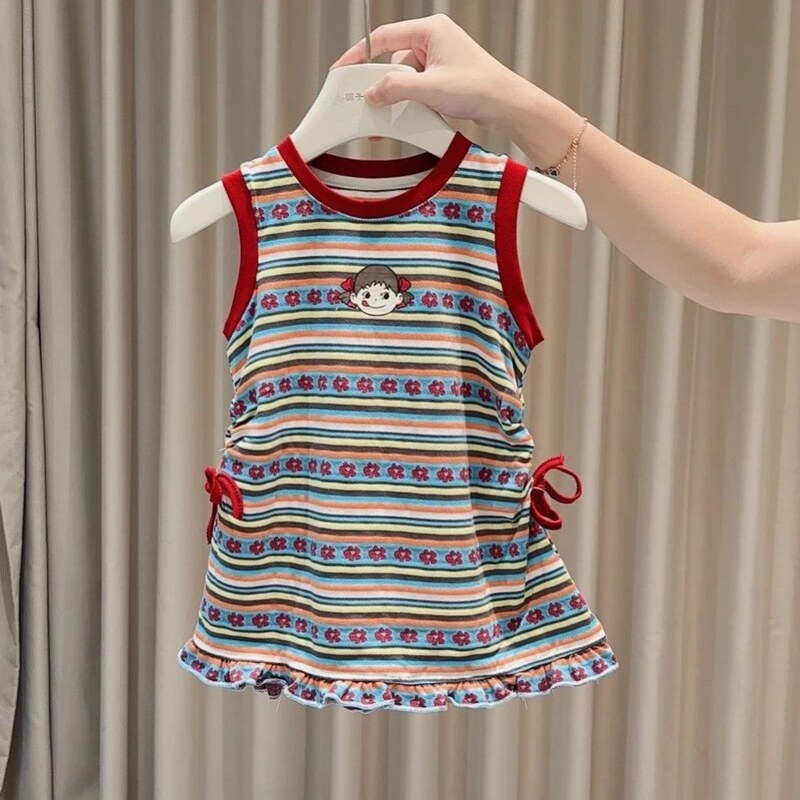 Girls' Summer Cartoon Lace-Up Slim-Fit Holiday Style Dress 2026 New Children's Color-Blocked Tank Dress Girls' Summer Cartoon Lace-Up Slim-Fit Holiday Style Dress 2026 New Children's Color-Blocked Tank Dress