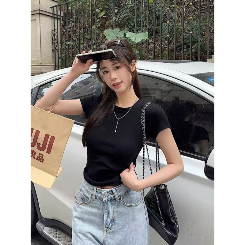 韩系正肩修身短袖T恤女2025夏季掐腰短款纯色女装ins上衣时尚百搭|undefined
