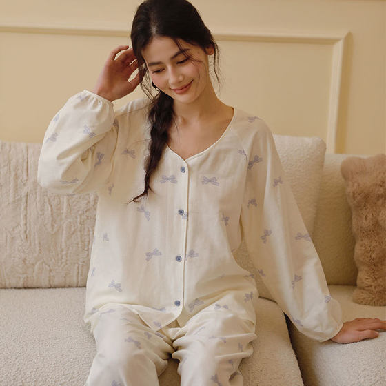 25 Years New Cotton Double Gauze Home Clothes Collarless Long Sleeve Bow Printed Loose Comfortable Pajamas suit