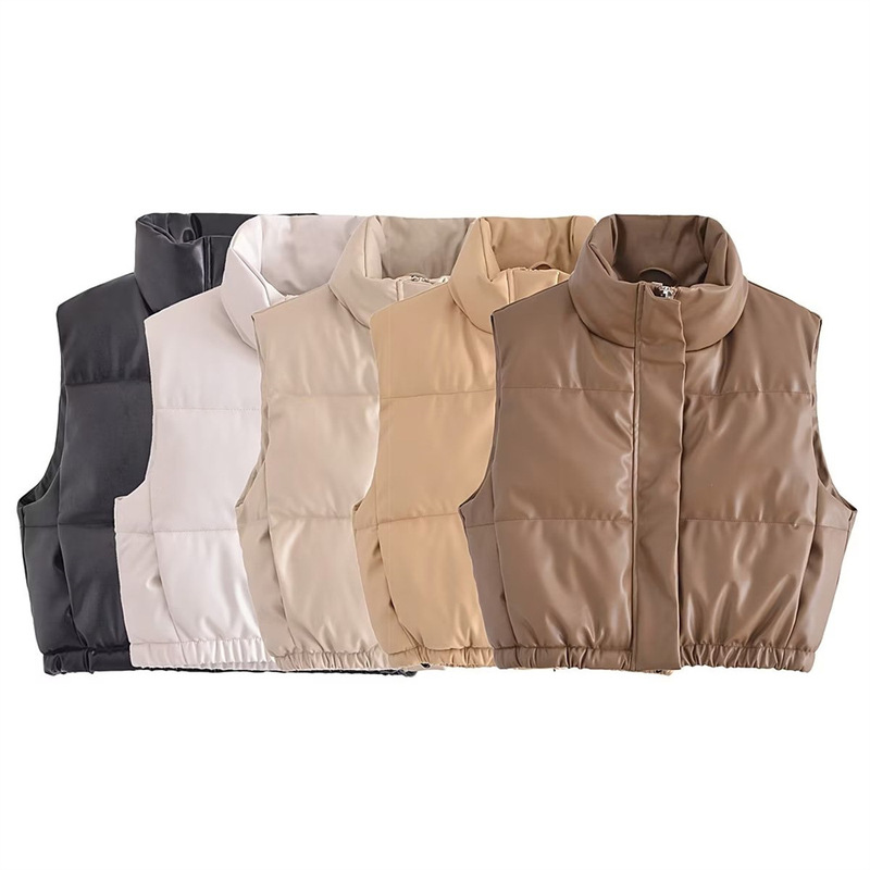 YPFF trendy women's stand collar PU leather cotton vest autumn and winter New European and American solid color slim jacket vest top