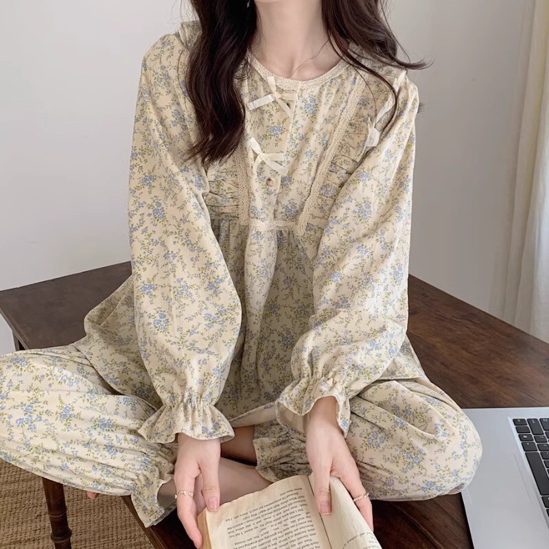 法式甜美睡衣女款春秋季2025年新款长袖蝴蝶结碎花家居服套装圆领|undefined
