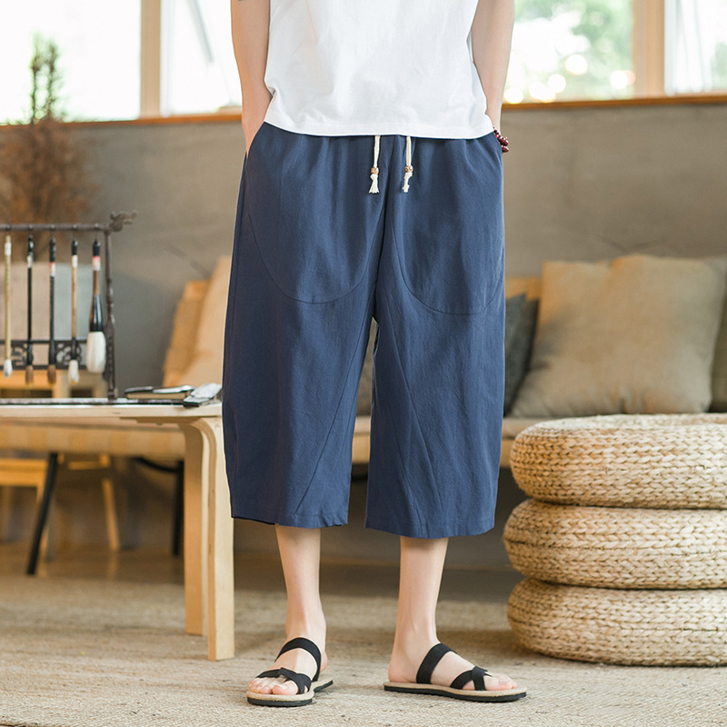 Summer New Chinese Style Men's Loose plus size Cotton and Linen Capri Pants Japanese Style Retro Solid Color Linen Hallen Pants