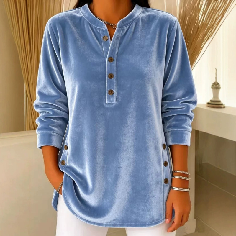 European and American Cross-Border 2026 Autumn and Winter New Women's Tops, Gold Velvet Casual Loose V-Neck Buttoned Long-Sleeve Women's T-Shirt European and American Cross-Border 2026 Autumn and Winter New Women's Tops, Gold Velvet Casual Loose V-Neck Buttoned Long-Sleeve Women's T-Shirt