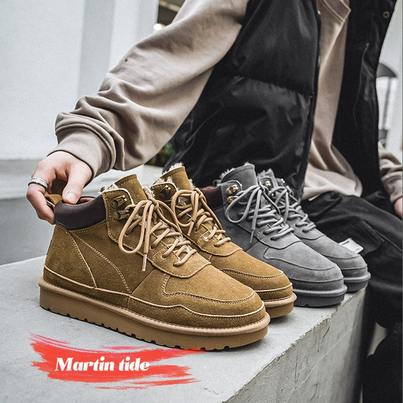 Уличная Северо-Восточная большая обувь с хлопковой подкладкой, зимние сапоги со средним верхом, мужские замшевые непромокаемые Нескользящие кожаные ботинки без шнуровки, мужские