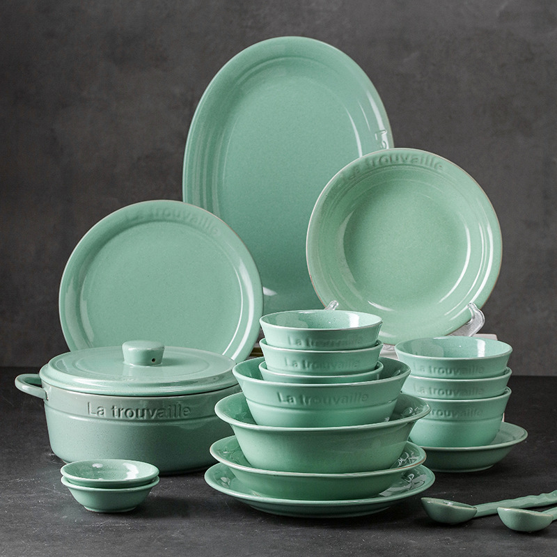 Stoneware Green Bowls and Plates Ceramic Tableware Household High-Endurance Rice Bowl Soup Bowl Dinner Plate Vegetable Plate Bowl Set Full