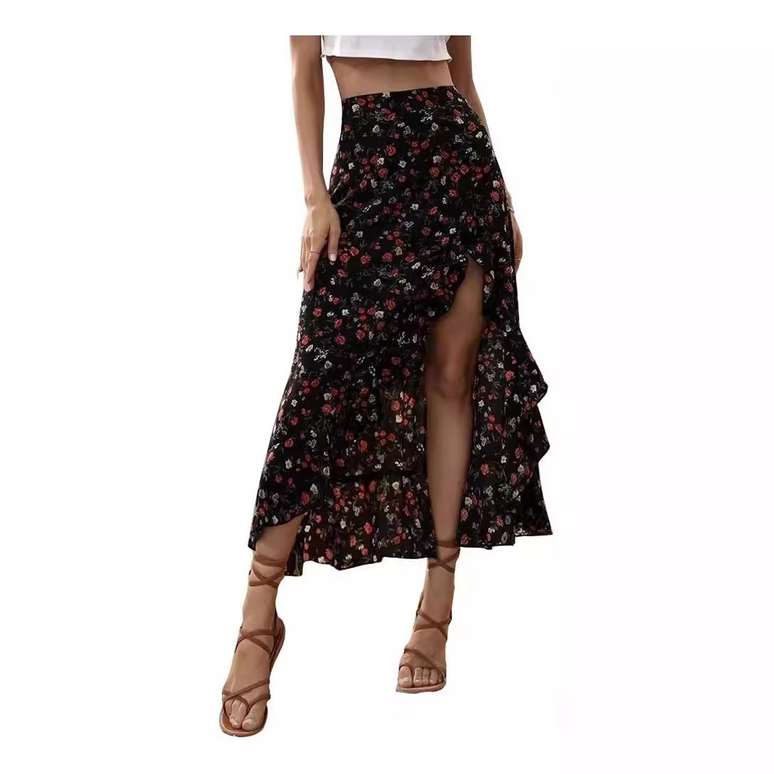 Spot European and American Amazon Cross-Border E-Commerce 2024 Spring New Printed Ruffled Sexy Side Slit Skirt