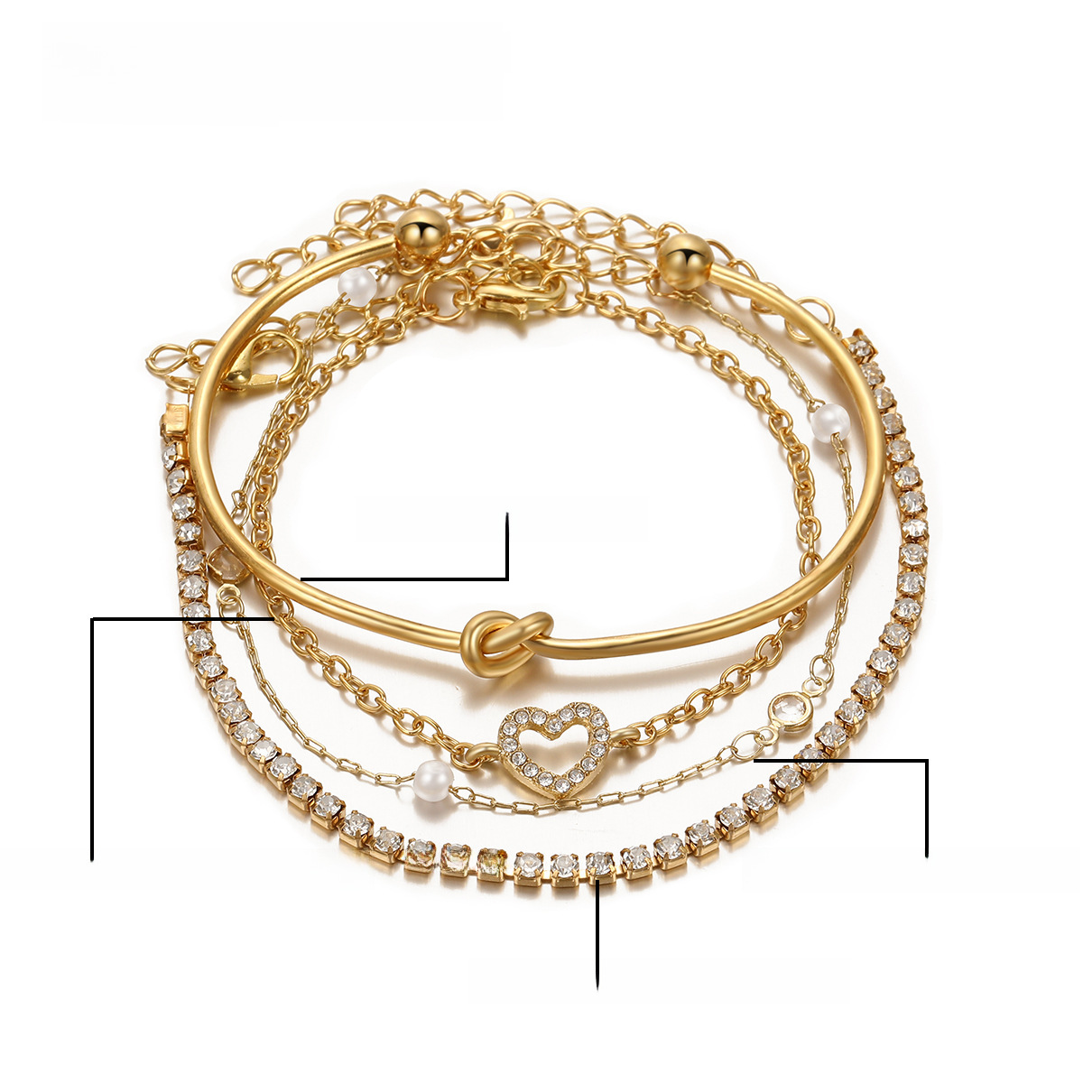new bracelet suit 4-piece Creative full diamond box chain Diamond-embedded hollow heart open bracelet_voghion.com