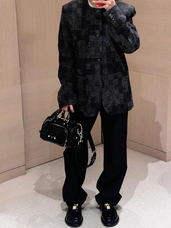 天花板品质 25潮牌新款V家提花棋盘格经纬纱无领西装外套男女同款|undefined