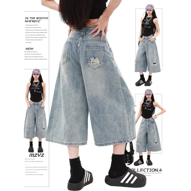 American Retro Style Ripped Cropped Jeans for Women, New Summer Style, Loose Wide-Leg, Plus-Size, Straight High-Waisted 7/8 Length Pants