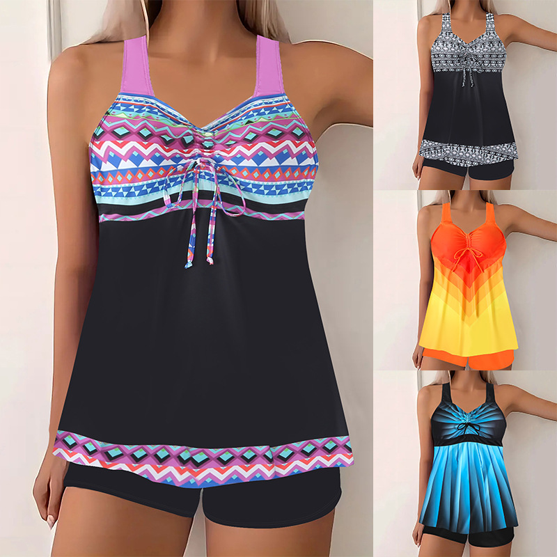 2025 Cross-border New Skirt Split Tankini Swimsuit Double Shoulder Strap Beautiful Back Digital Printed Women's Swimsuit
