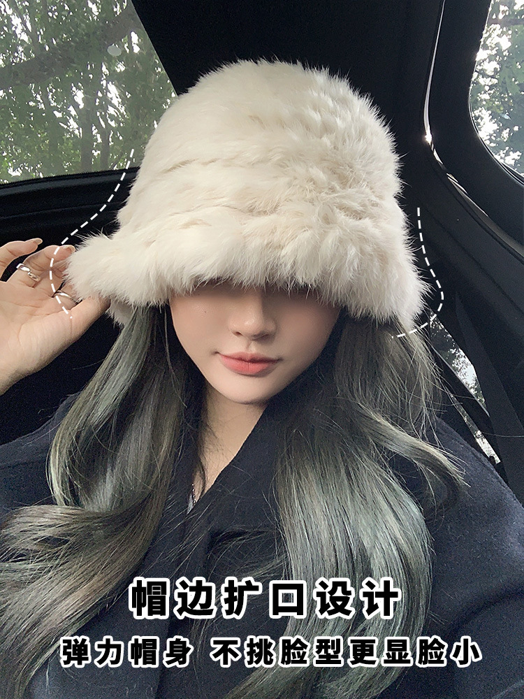 Real rabbit fur white plush hat women's autumn and winter warm face-looking small ear protection wool hat fur knitted fisherman hat