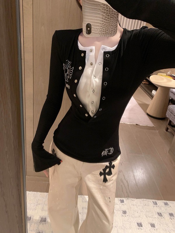 纯欲风十字架烫钻假两件双层打底衫上衣女修身辣妹气质长袖T恤|undefined