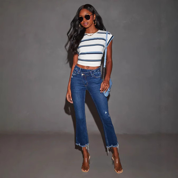 Cross-Border E-Commerce Independent Platform 2025 New Casual Slim-Fit Women's Denim Capri Pants in Stock, High Elasticity and Slimming Effect