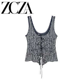 ZCZA 自制 欧美风 新款女装 时尚 百搭 小格纹褶皱上衣4745038080